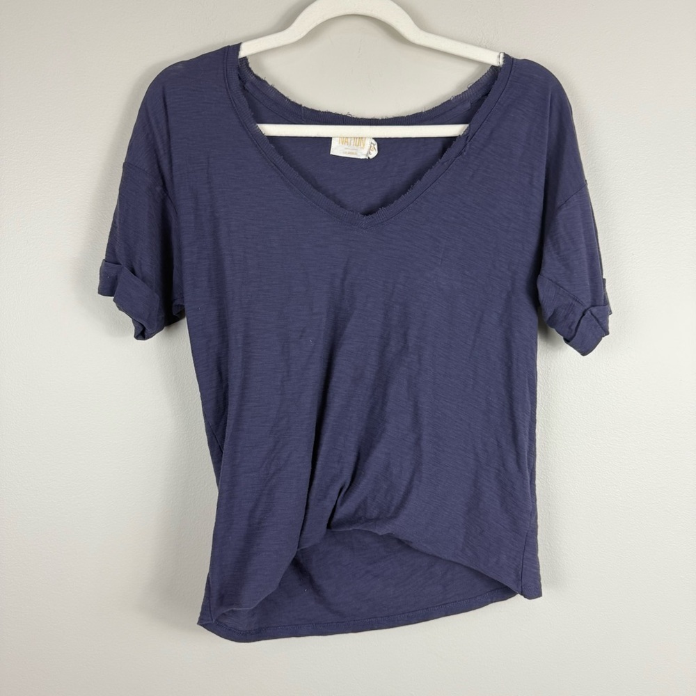 Nation LTD Top Women XS Distressed V-Neck Short Sleeve Cuffed Grunge Shirt